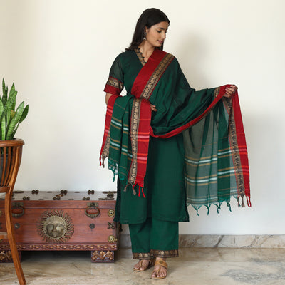 Green - Dharwad Cotton Kurta with Palazzo & Dupatta Set 14