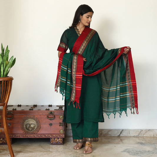Green - Dharwad Cotton Kurta with Palazzo & Dupatta Set 14
