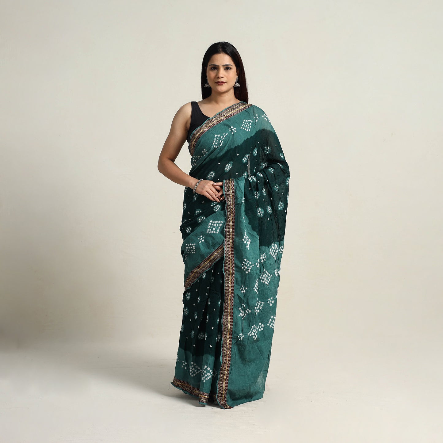 Green - Kutch Tie-Dye Cotton Bandhani Saree with Blouse Piece 24