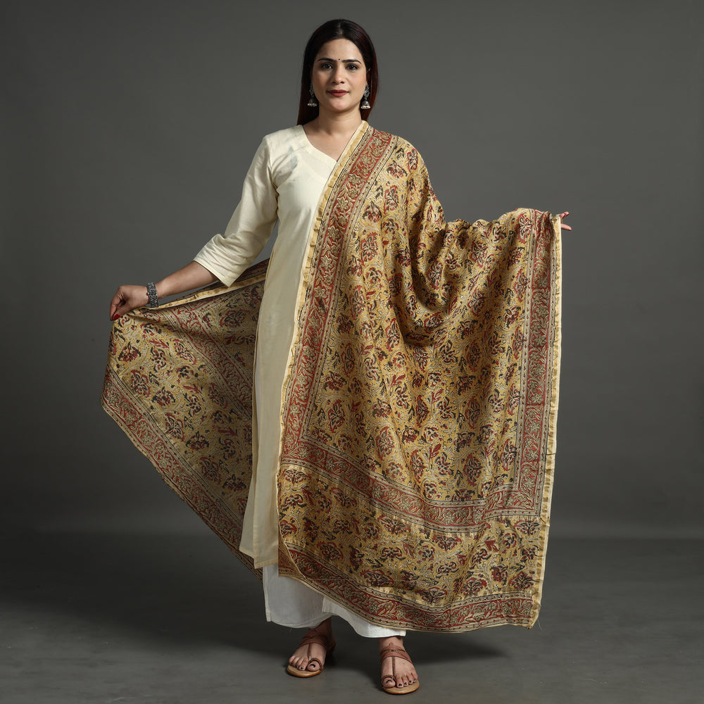 Yellow - Pedana Kalamkari Block Printed Handloom Chanderi Silk Dupatta with Zari Border 66