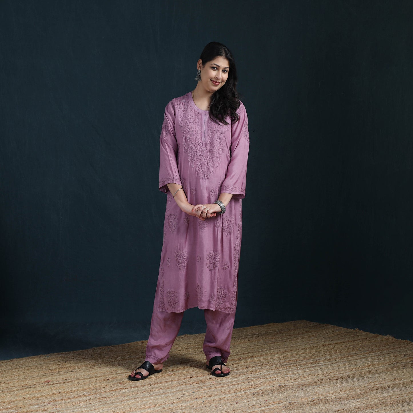Purple - Hand Embroidered Muslin Chikankari Kurta with Pant Set for Women 25