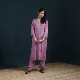 Purple - Hand Embroidered Muslin Chikankari Kurta with Pant Set for Women 25