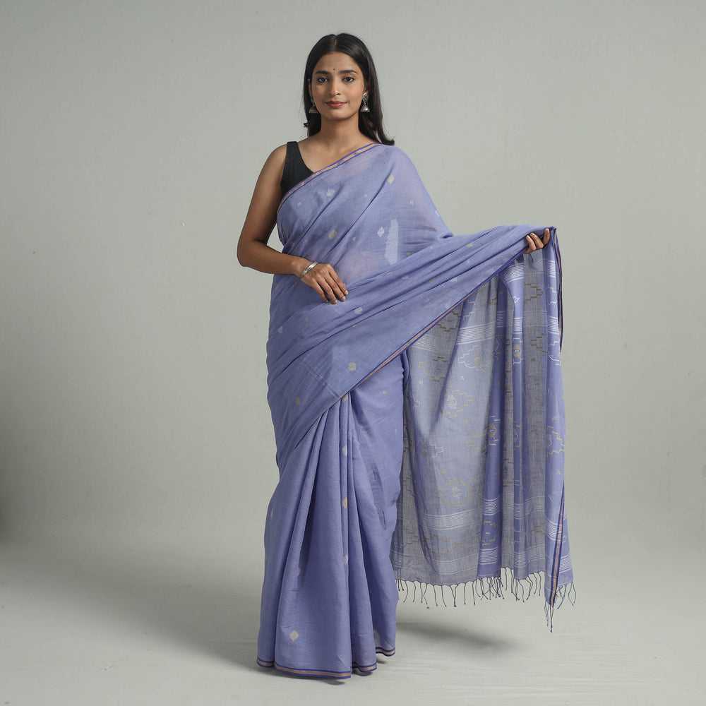 Purple - Handloom Cotton Phulia Jamdani Saree with Tassels 10