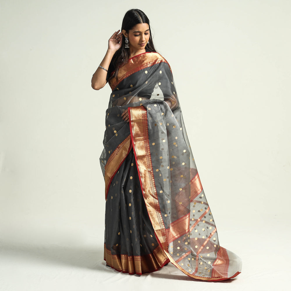 Grey - Traditional Chanderi Katan Silk Handloom Saree with Nakshi Zari Border & Buti