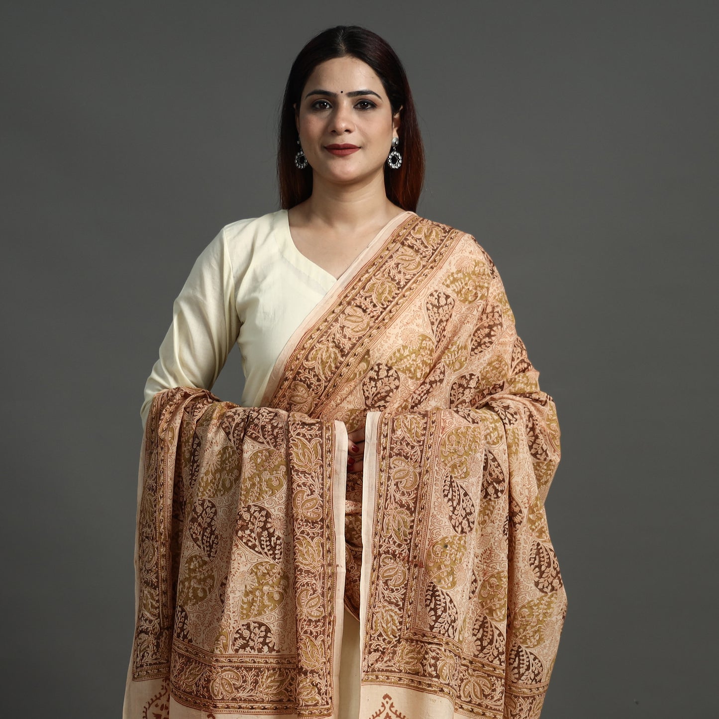 Beige - Pedana Kalamkari Block Printed Cotton Dupatta 155