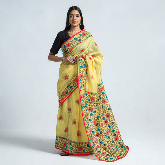 Yellow - Phulkari Hand Embroidery Silk Cotton Saree