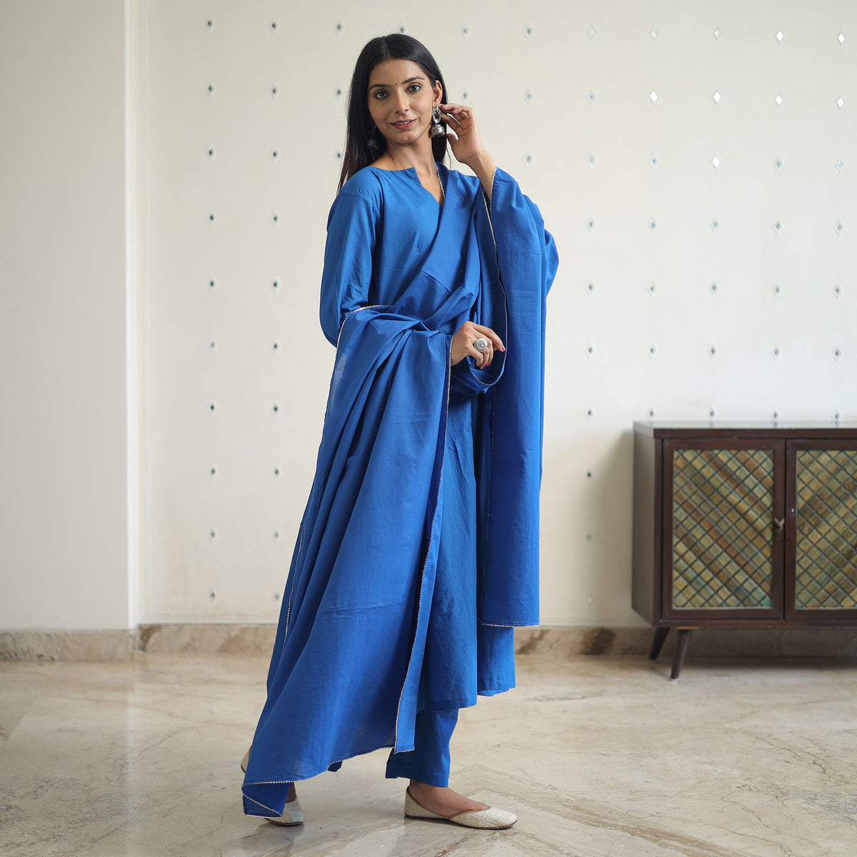 Zeenat Blue Cotton Flared Kurta with Palazzo & Dupatta Set