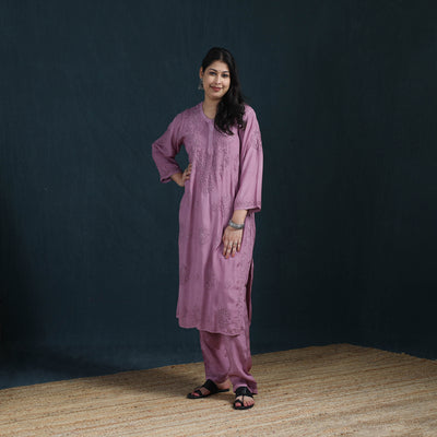 Purple - Hand Embroidered Muslin Chikankari Kurta with Pant Set for Women 25