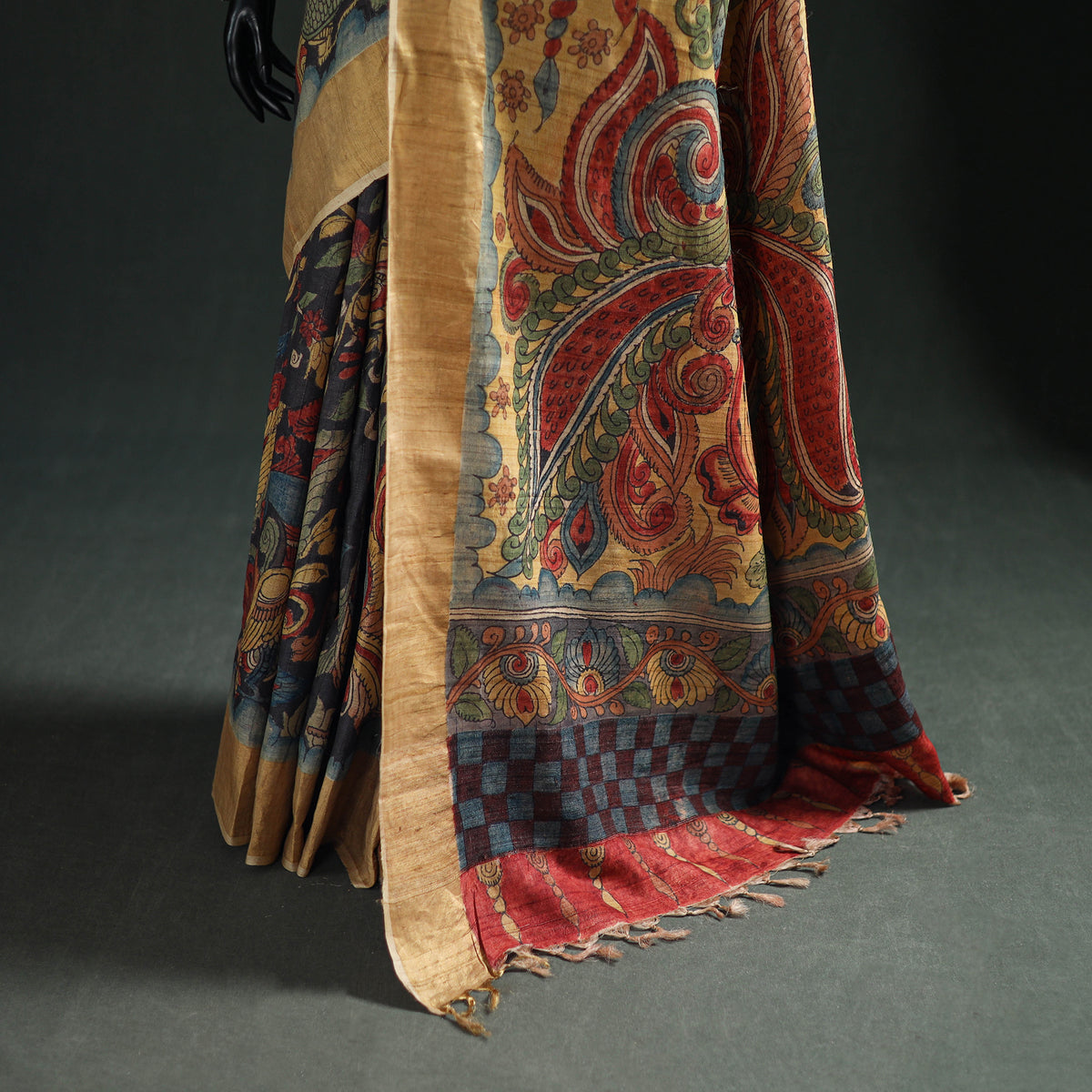 Pure Handloom Desi Tussar Silk Handpainted Srikalahasti Pen Kalamkari Saree with Zari Border 09