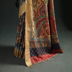 Pure Handloom Desi Tussar Silk Handpainted Srikalahasti Pen Kalamkari Saree with Zari Border 09
