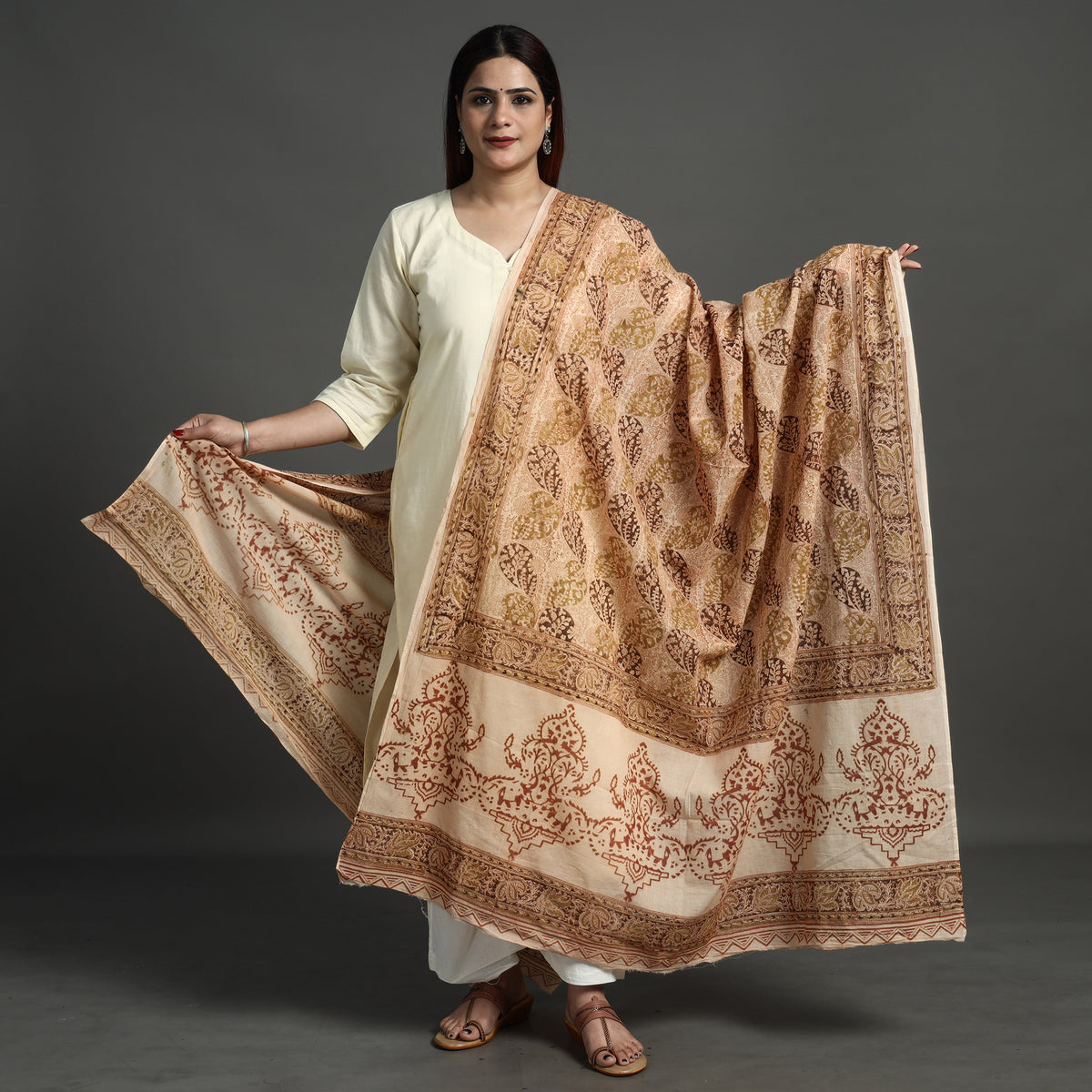 Beige - Pedana Kalamkari Block Printed Cotton Dupatta 155