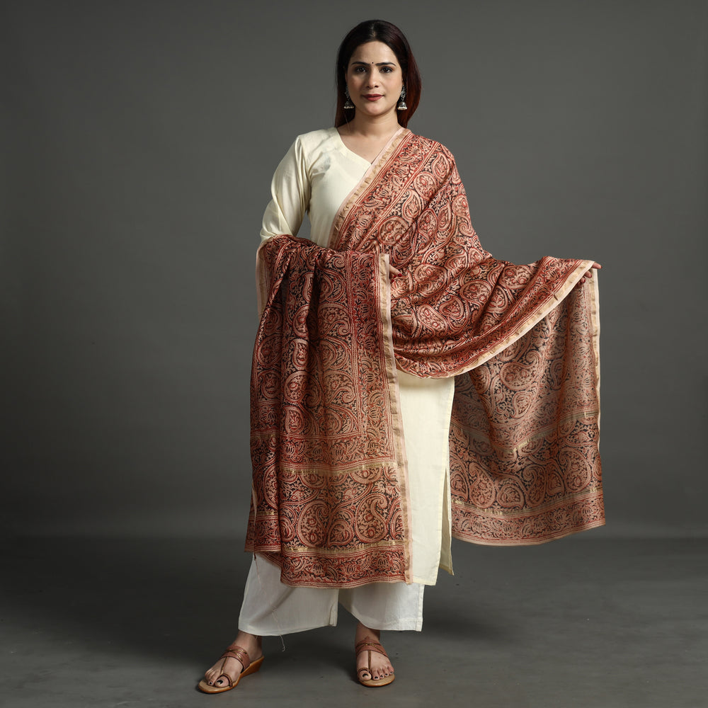 Red - Pedana Kalamkari Block Printed Handloom Chanderi Silk Dupatta with Zari Border 67