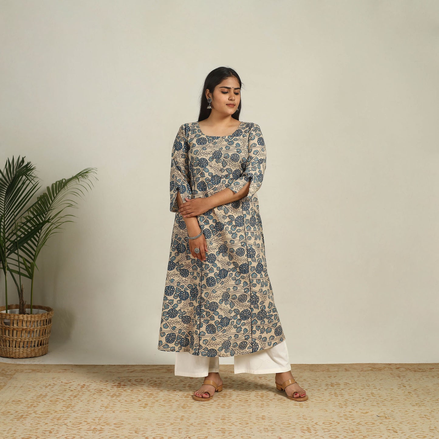 Beige - Printed Cotton A-Line Kalamkari Kurta 04