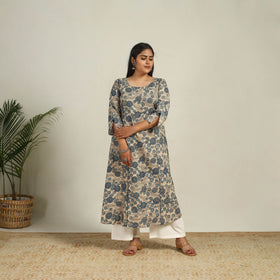 Beige - Printed Cotton A-Line Kalamkari Kurta 04
