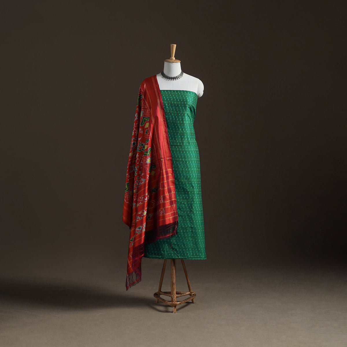 Green - Pochampally Ikat Handloom Sico Unstitched Dress Material: Kurta with Mulberry Silk Dupatta 34