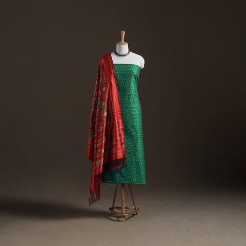 Green - Pochampally Ikat Handloom Sico Unstitched Dress Material: Kurta with Mulberry Silk Dupatta 34