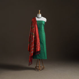 Green - Pochampally Ikat Handloom Sico Unstitched Dress Material: Kurta with Mulberry Silk Dupatta 34