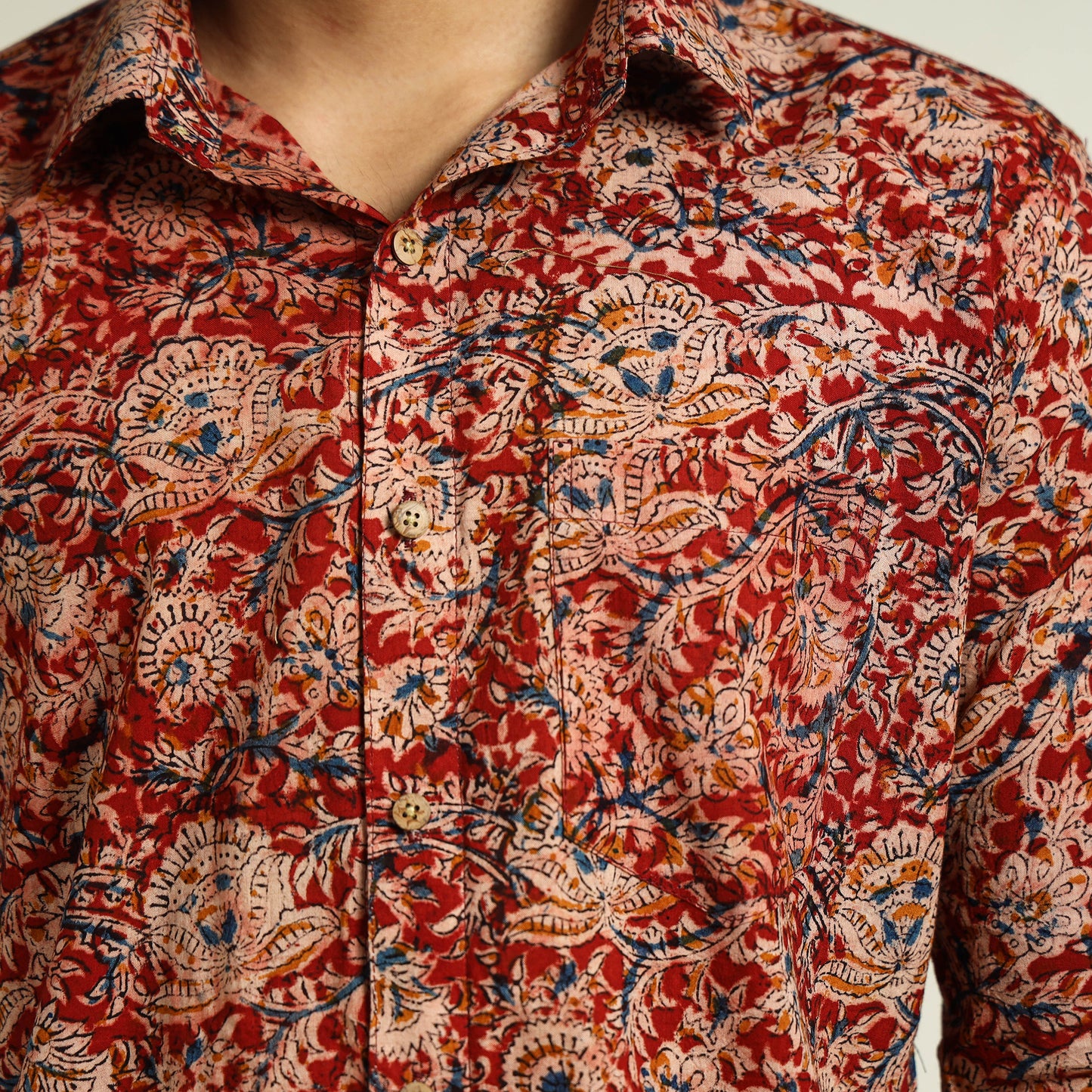 Red - Kalamkari Block Printed Cotton Men Full Sleeve Shirt 12