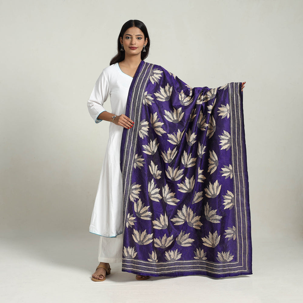 Blue - Pure Silk Bengal Kantha Embroidery Dupatta 23