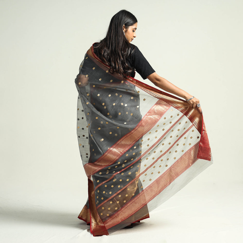 Grey - Traditional Chanderi Katan Silk Handloom Saree with Nakshi Zari Border & Buti