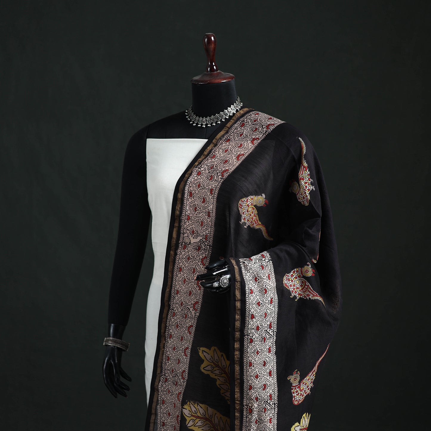 Black - Mata Ni Pachedi Handpainted Natural Dyed Chanderi Silk Handloom Dupatta 03