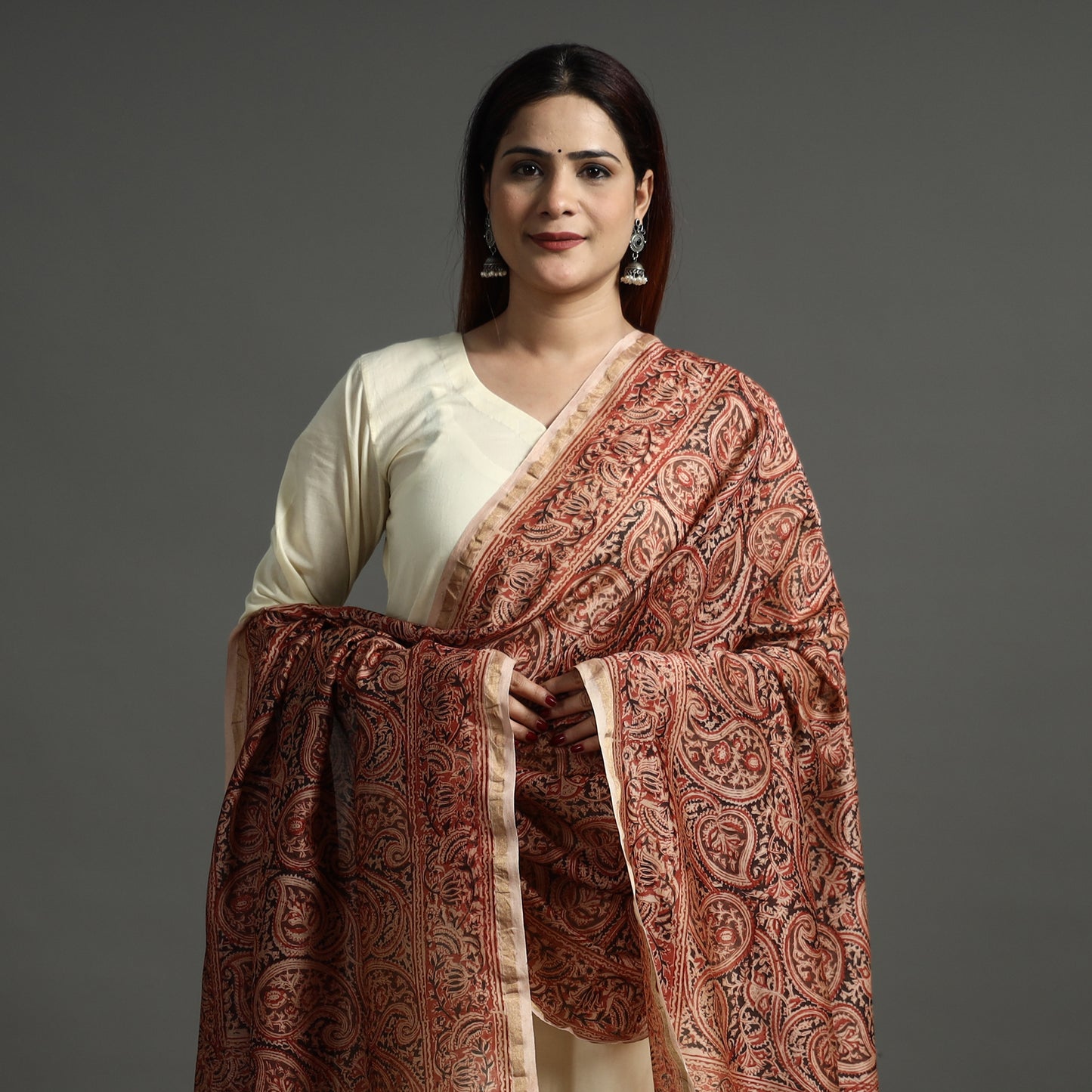 Red - Pedana Kalamkari Block Printed Handloom Chanderi Silk Dupatta with Zari Border 67