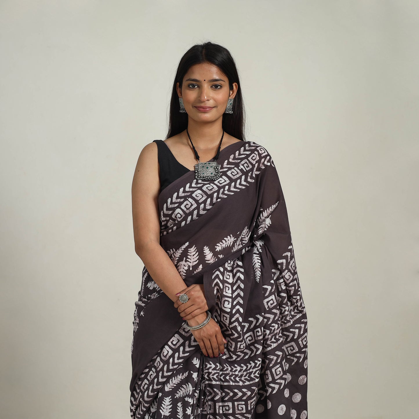  Cotton Brown Hand Batik Print Saree 
