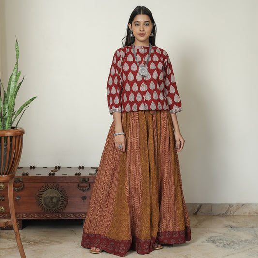 Maroon - Bagh Block Printed Patchwork Cotton Long Skirt