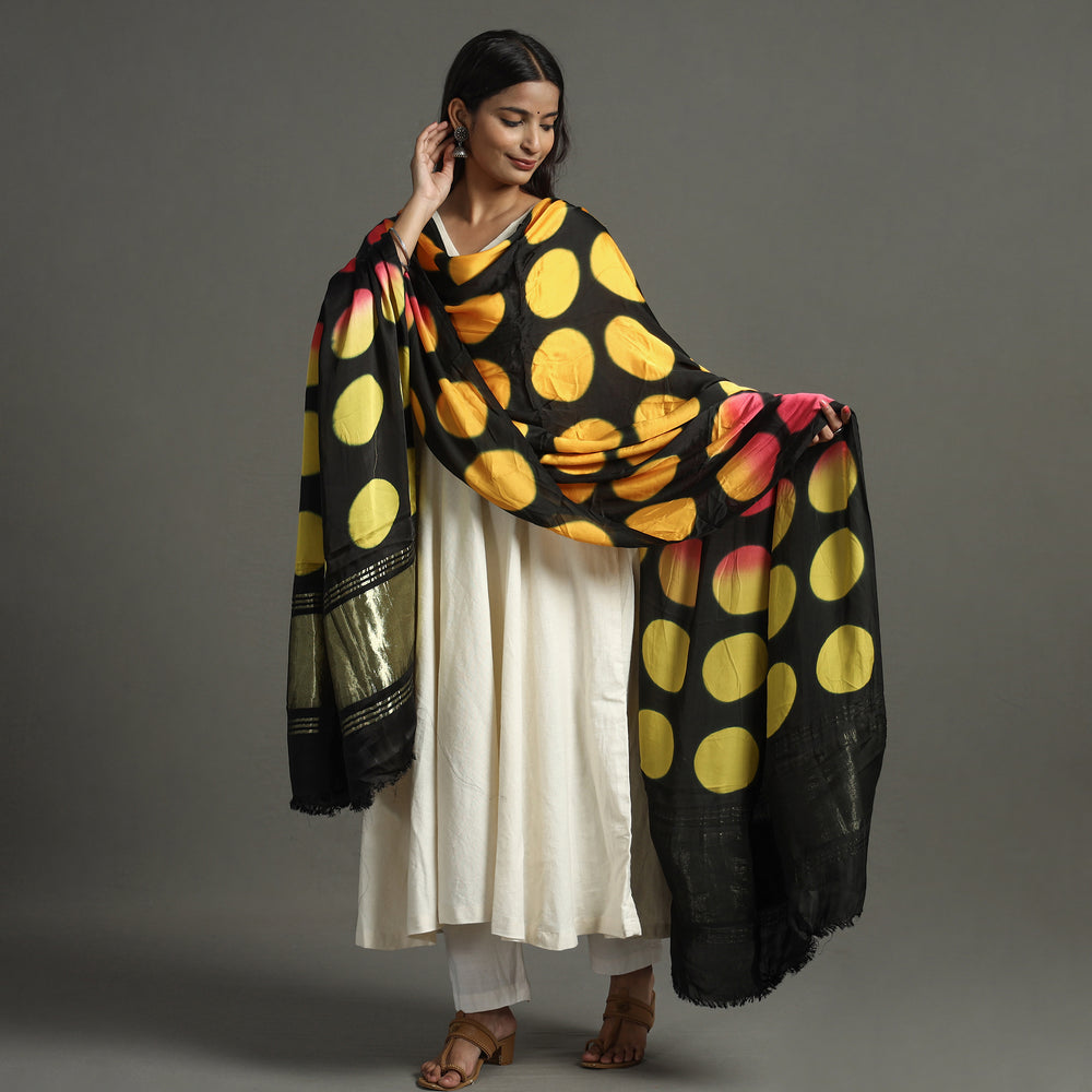 Yellow - Shibori Clamp Dyed Modal Silk Dupatta with Zari Border 05