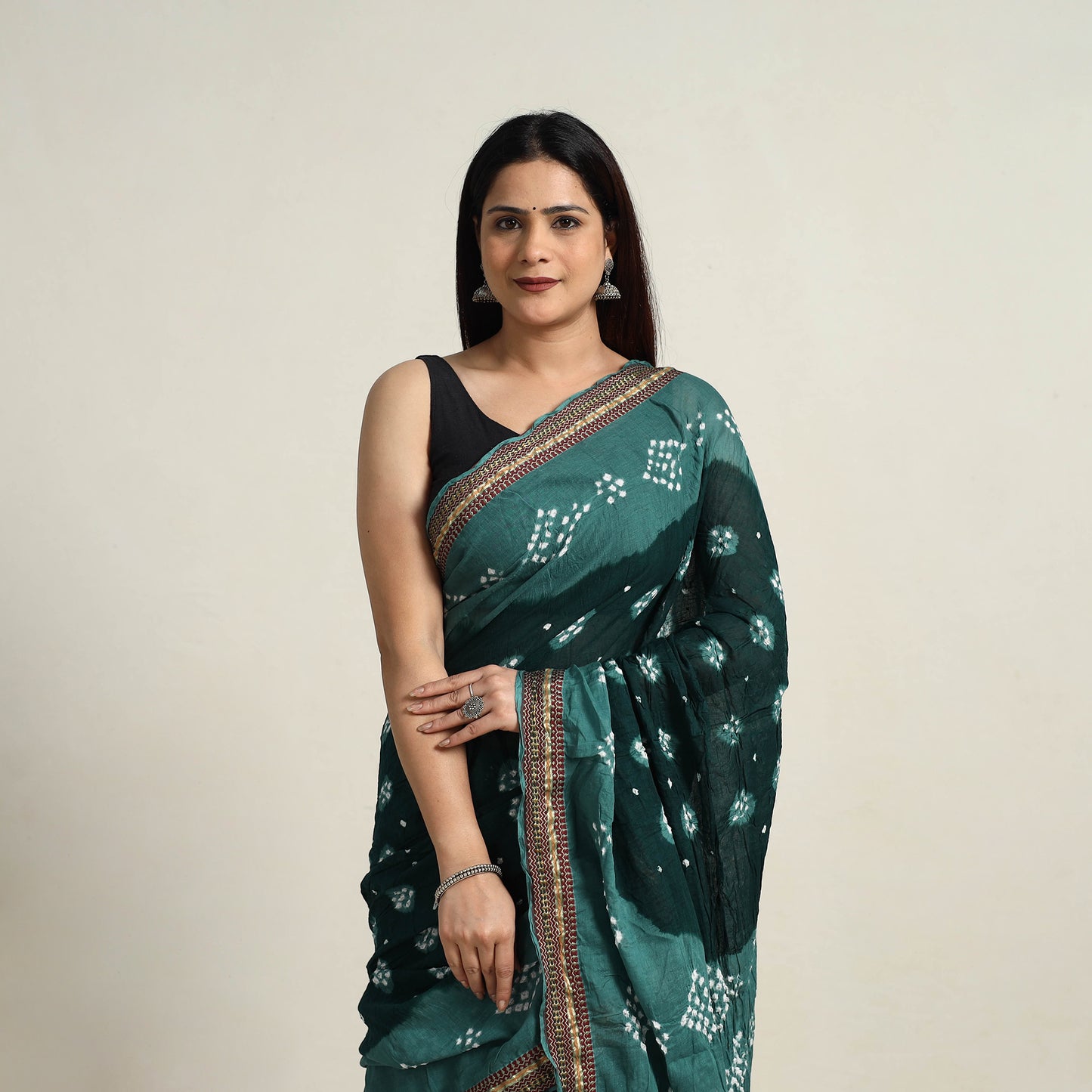 Green - Kutch Tie-Dye Cotton Bandhani Saree with Blouse Piece 24