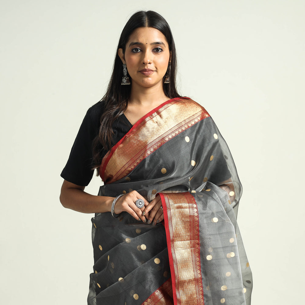 Grey - Traditional Chanderi Katan Silk Handloom Saree with Nakshi Zari Border & Buti