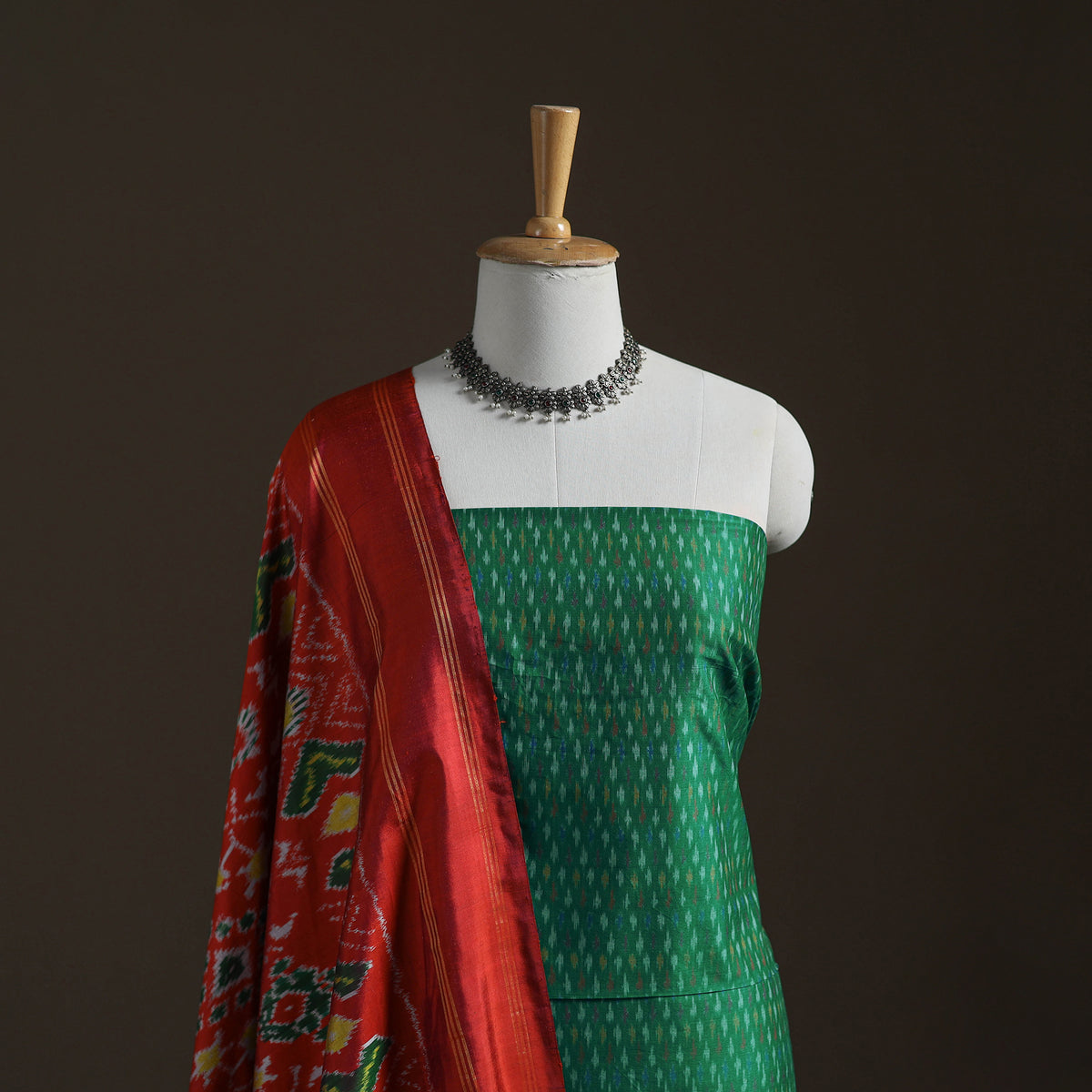 Green - Pochampally Ikat Handloom Sico Unstitched Dress Material: Kurta with Mulberry Silk Dupatta 34