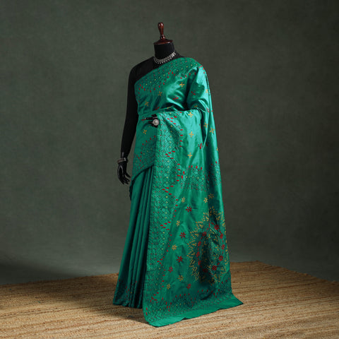 Green - Bengal Nakshi Kantha Hand Embroidered Silk Saree 54