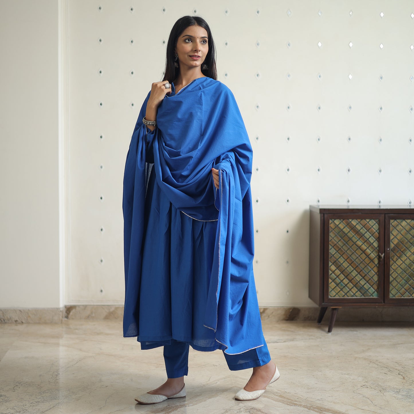 Zeenat Blue Cotton Flared Kurta with Palazzo & Dupatta Set