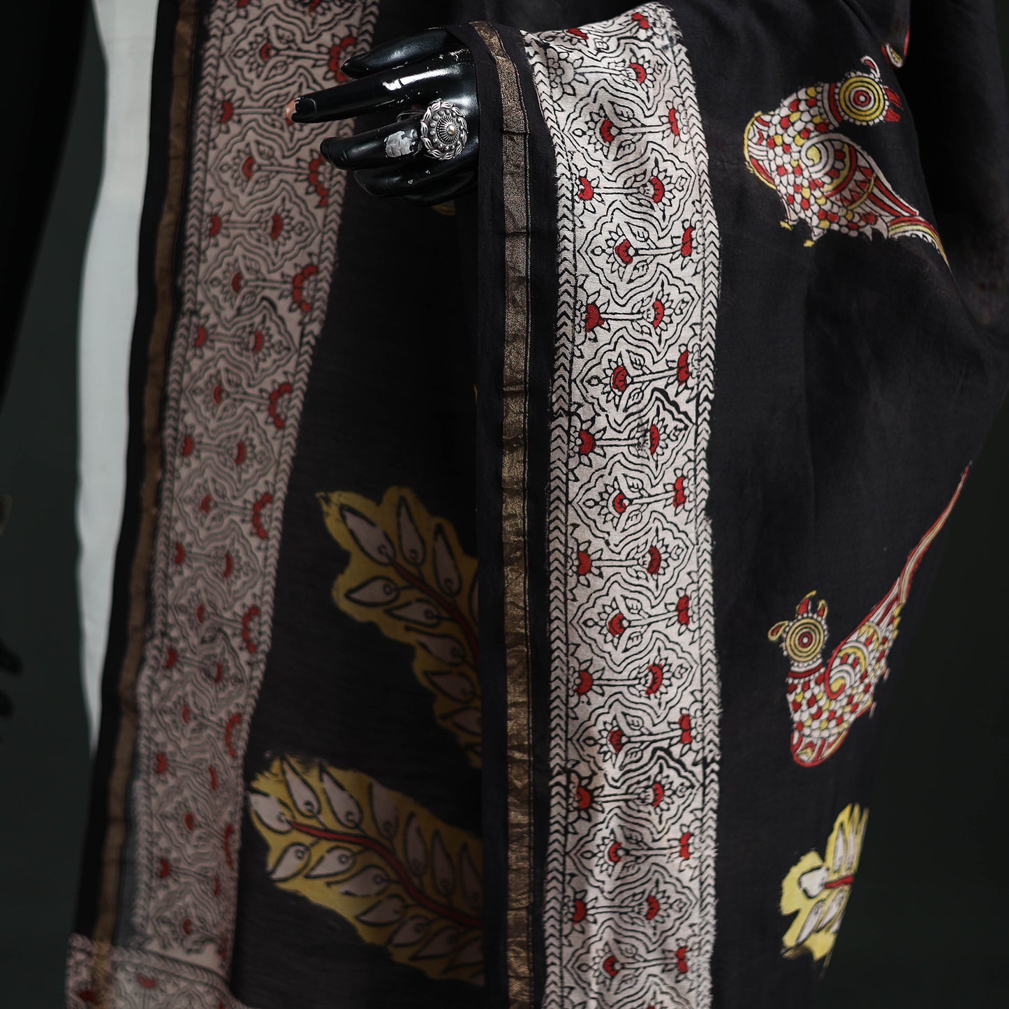 Black - Mata Ni Pachedi Handpainted Natural Dyed Chanderi Silk Handloom Dupatta 03