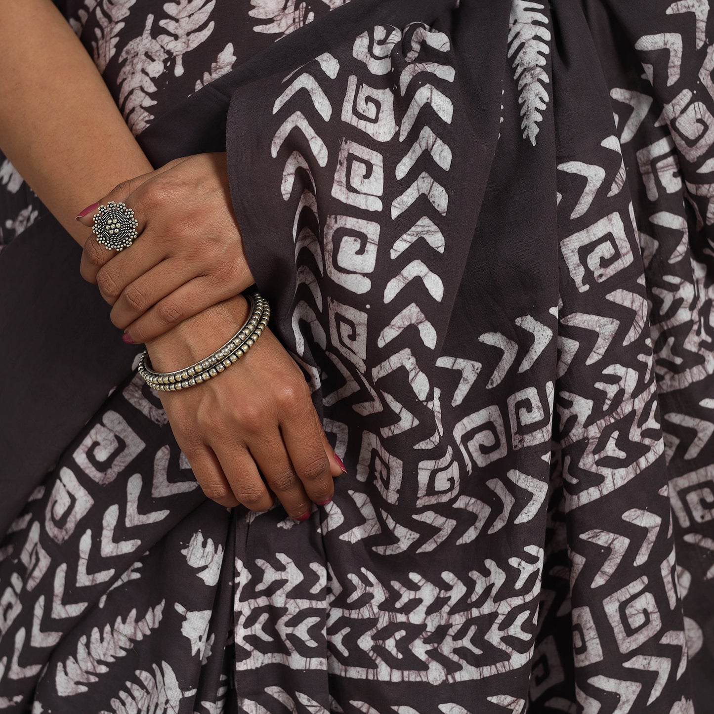  Cotton Brown Hand Batik Print Saree 