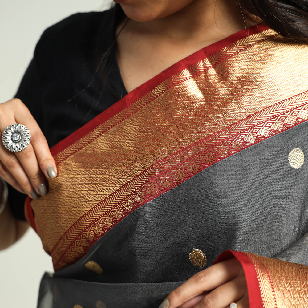 Grey - Traditional Chanderi Katan Silk Handloom Saree with Nakshi Zari Border & Buti