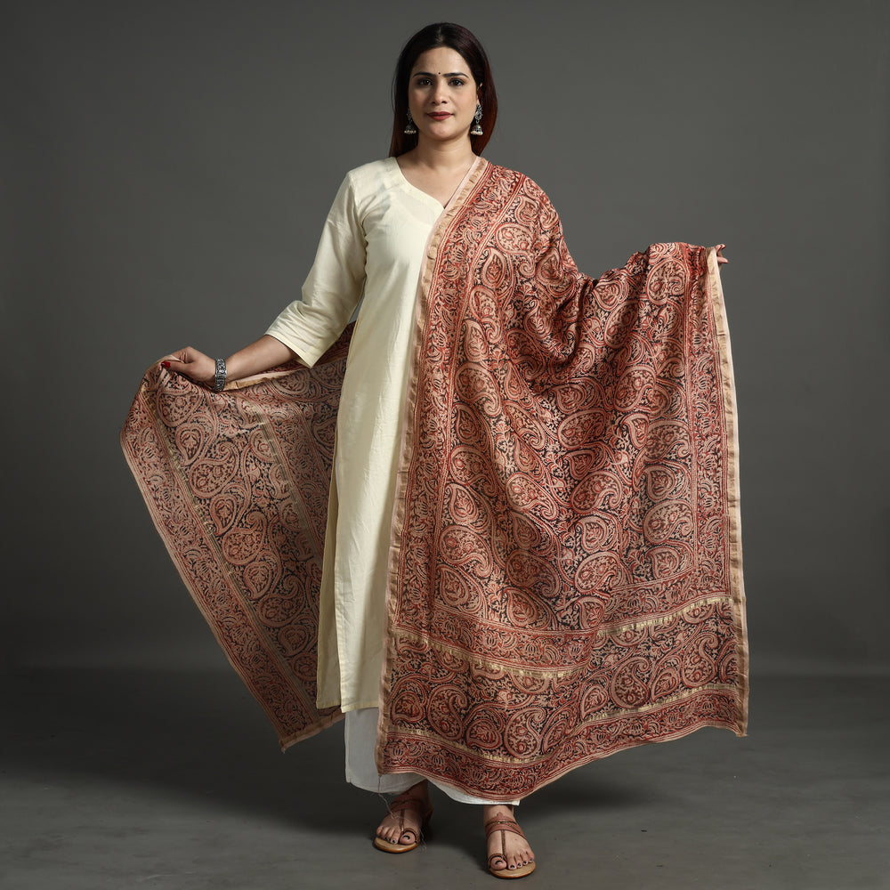 Red - Pedana Kalamkari Block Printed Handloom Chanderi Silk Dupatta with Zari Border 67