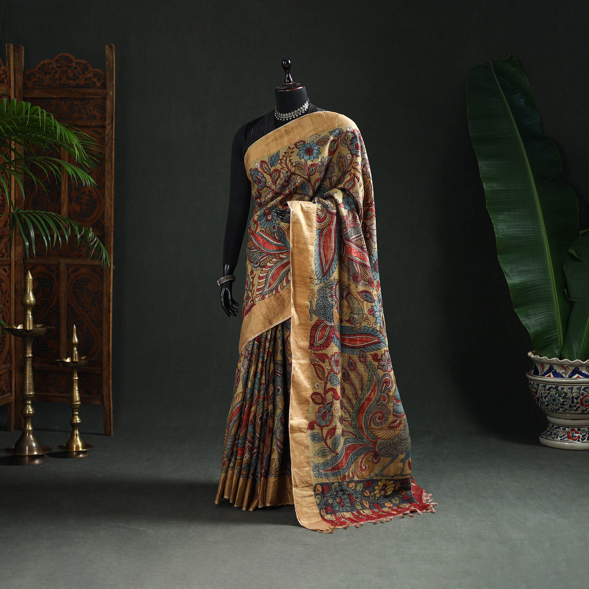 Pure Handloom Desi Tussar Silk Handpainted Srikalahasti Pen Kalamkari Saree with Zari Border 10