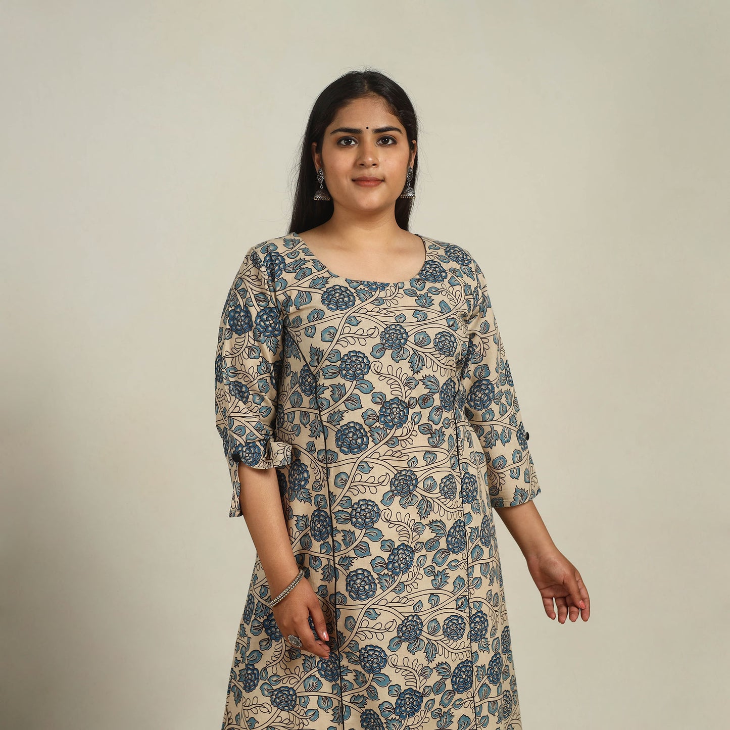 Beige - Printed Cotton A-Line Kalamkari Kurta 04