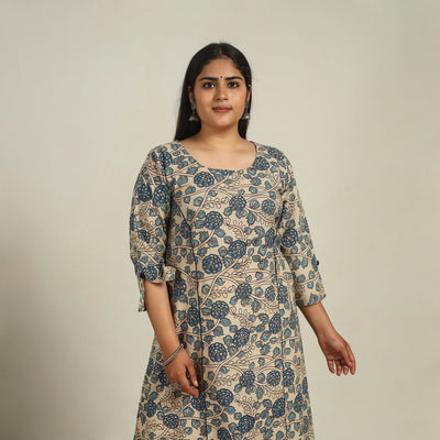 Beige - Printed Cotton A-Line Kalamkari Kurta 04