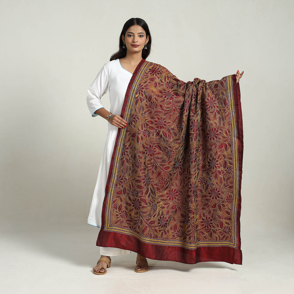 Brown - Pure Silk Bengal Kantha Embroidery Dupatta 24