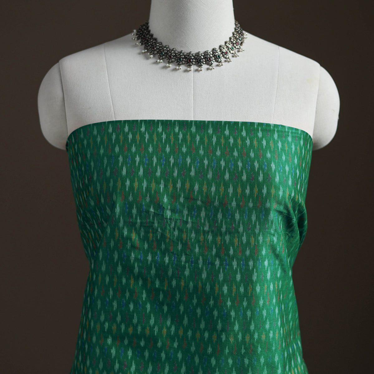 Green - Pochampally Ikat Handloom Sico Unstitched Dress Material: Kurta with Mulberry Silk Dupatta 34