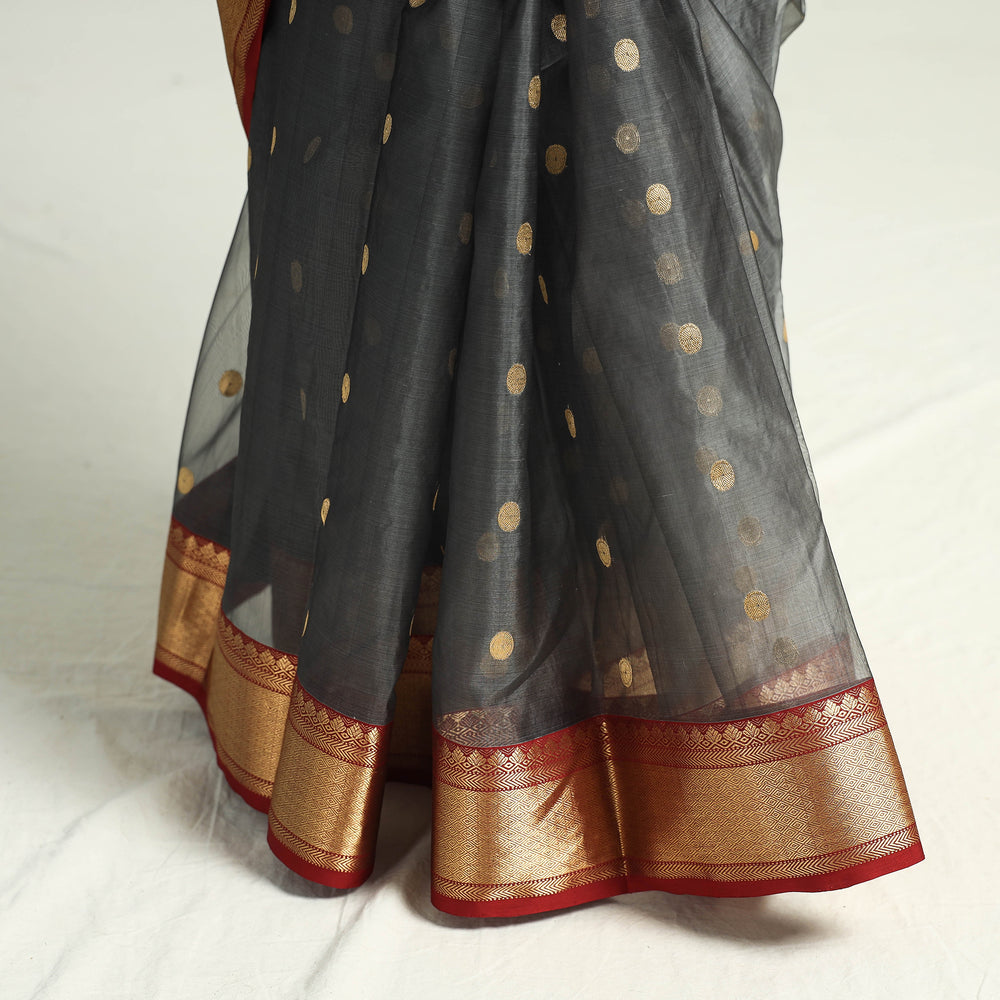 Grey - Traditional Chanderi Katan Silk Handloom Saree with Nakshi Zari Border & Buti