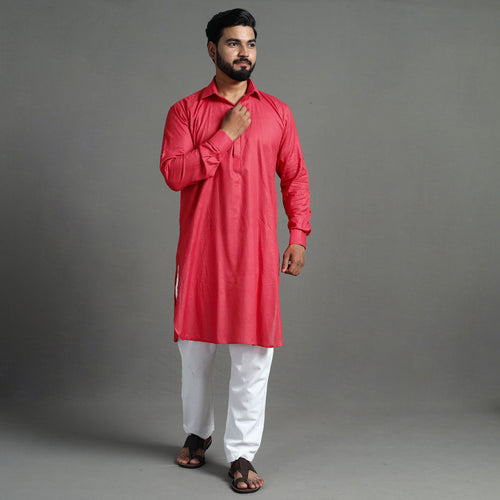 Pinkish Red - Linen Viscose Plain Men Long Pathani Kurta