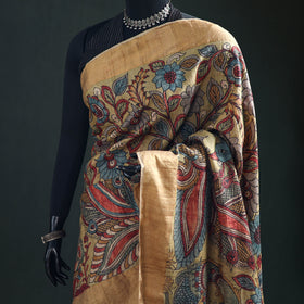 Pure Handloom Desi Tussar Silk Handpainted Srikalahasti Pen Kalamkari Saree with Zari Border 10