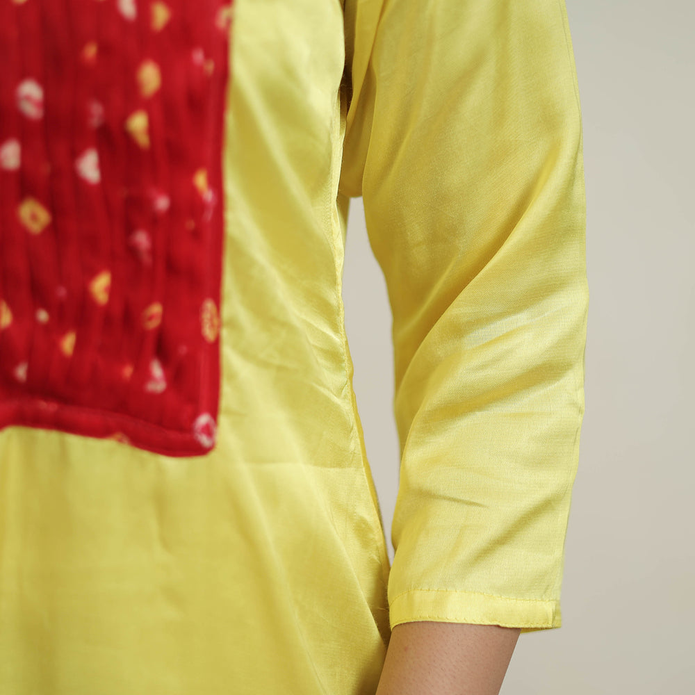 Yellow - Plain Modal Silk Straight Kurta with Bandhani Pintuck Patchwork 02