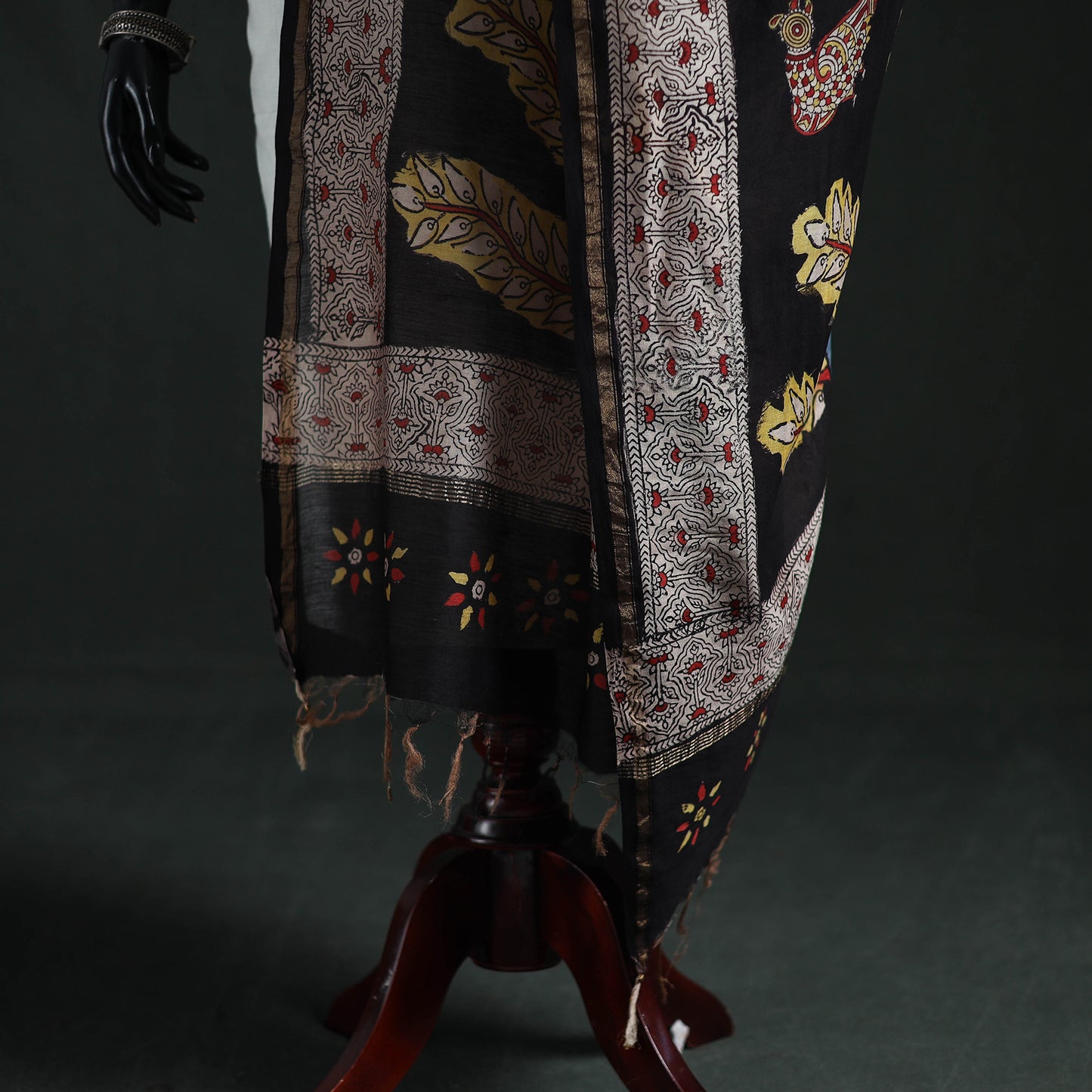 Black - Mata Ni Pachedi Handpainted Natural Dyed Chanderi Silk Handloom Dupatta 03