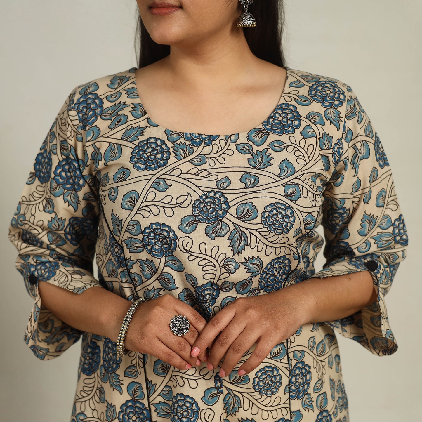 Beige - Printed Cotton A-Line Kalamkari Kurta 04