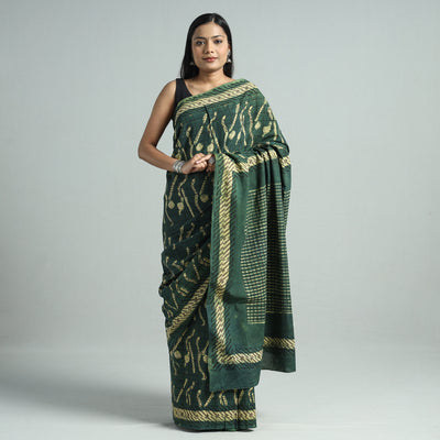 Green - Bindaas Art Block Printed Natural Dyed Cotton Saree 30